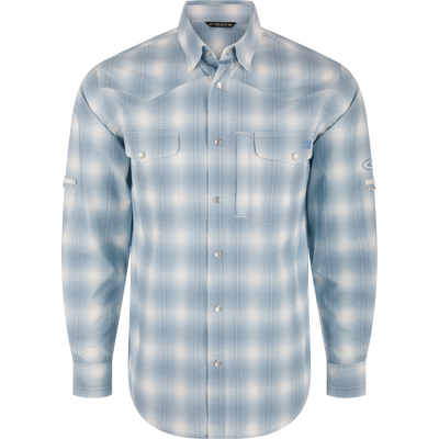 Cinco Ranch Western Plaid Long Sleeve Shirt with micro-mesh weave, faux pearl snaps, and vented back for comfort and performance. Ideal for active outdoor use.