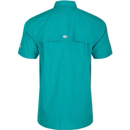 Classic Seersucker Minicheck Shirt: Back view of a blue shirt with hidden button-down collar, zippered chest pocket, and vented cape back.