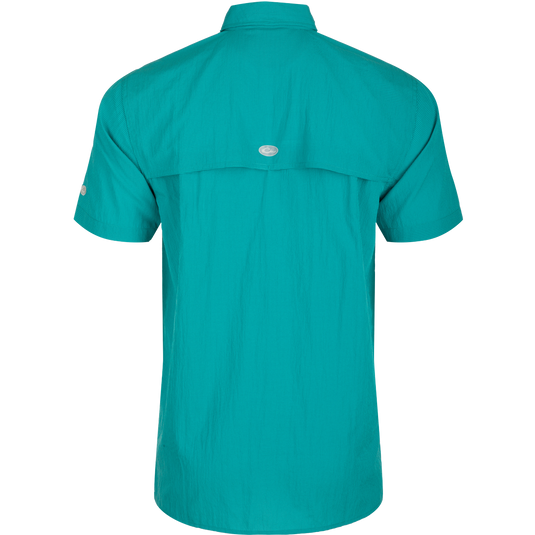 Classic Seersucker Minicheck Shirt: Back view of a blue shirt with hidden button-down collar, zippered chest pocket, and vented cape back.