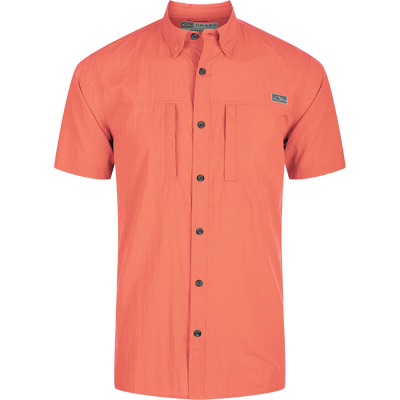 Close-up of the Drake Classic Seersucker Minicheck Button-Down Short Sleeve Shirt showcasing its button detail and seersucker texture for performance and style.