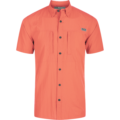 Close-up of the Drake Classic Seersucker Minicheck Button-Down Short Sleeve Shirt showcasing its button detail and seersucker texture for performance and style.