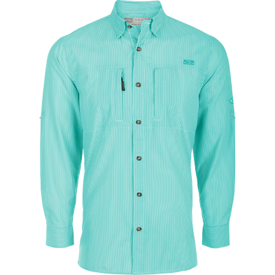 Classic Seersucker Stripe Shirt L/S, a close-up of a green and white striped shirt with a button-down collar and hidden zippered chest pocket.