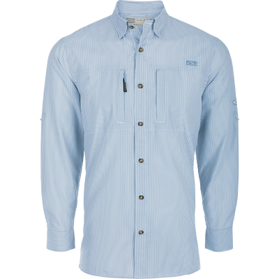 A classic seersucker stripe shirt with a button-down collar, hidden zippered chest pocket, and Magnattach™ closure. Made from performance fabric for moisture-wicking and UPF30 sun protection. Vented cape back and split tail hem for ventilation and versatility. Perfect for hunting, fishing, and casual wear.