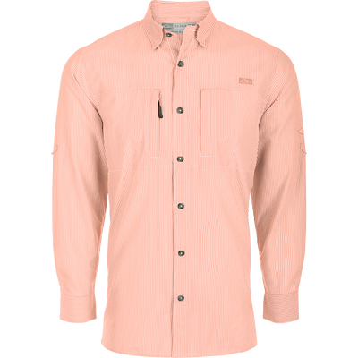 Classic Seersucker Stripe Shirt L/S: A button-down collar shirt with a hidden zippered chest pocket and Magnattach™ closure. Vented cape back for ventilation.