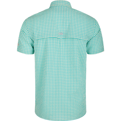 Back view of Drake Classic Seersucker Grid Check Shirt featuring a hidden zippered chest pocket, Magnattach™ closure, vented cape back, and UPF30 sun protection. Ideal for hunting and outdoor activities.