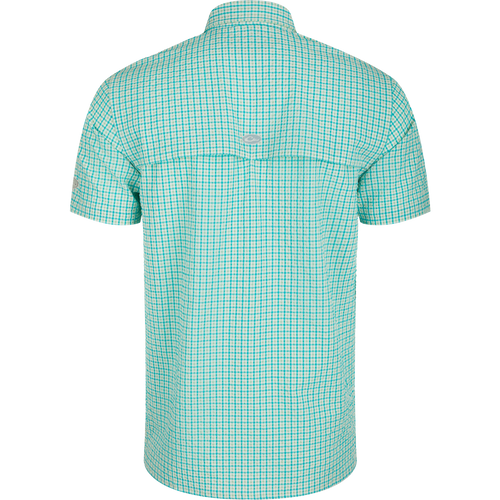 Back view of Drake Classic Seersucker Grid Check Shirt featuring a hidden zippered chest pocket, Magnattach™ closure, vented cape back, and UPF30 sun protection. Ideal for hunting and outdoor activities.