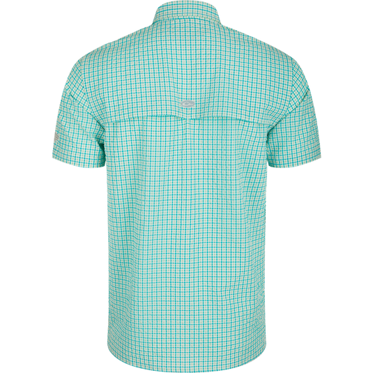 Back view of Drake Classic Seersucker Grid Check Shirt featuring a hidden zippered chest pocket, Magnattach™ closure, vented cape back, and UPF30 sun protection. Ideal for hunting and outdoor activities.