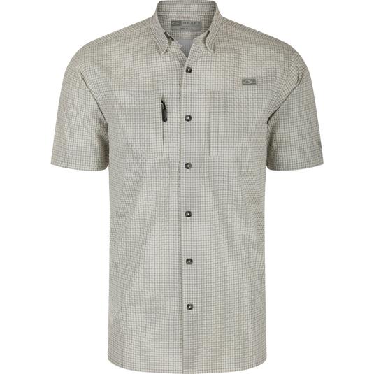 Classic Seersucker Grid Check Shirt: A short sleeved shirt with buttons, featuring a hidden button-down collar and a zippered chest pocket.