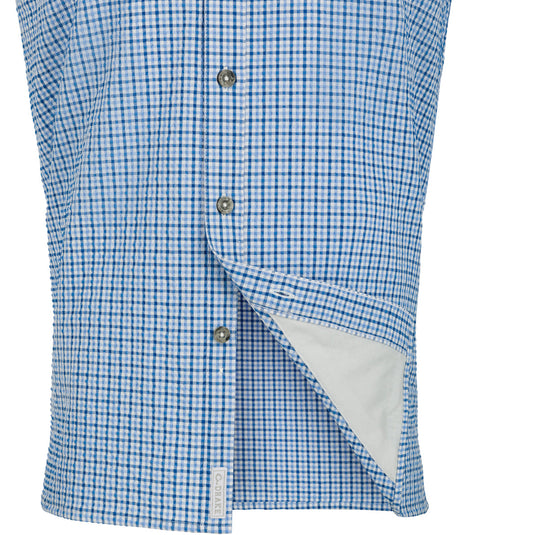 A close-up of the Drake Classic Seersucker Grid Check Shirt, featuring a blue and white plaid pattern, hidden button-down collar, and zippered chest pocket. Made from 76% Polyester and 24% Nylon, it offers UPF30 sun protection, moisture-wicking, and quick-drying properties. With a vented cape back and split tail hem, this shirt combines performance and timeless style. Perfect for hunting, fishing, or casual wear.