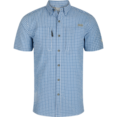 Classic Seersucker Grid Check Shirt S/S with hidden button-down collar, vented cape back, and Magnattach™ pocket, designed for moisture-wicking, quick-drying, and sun protection.