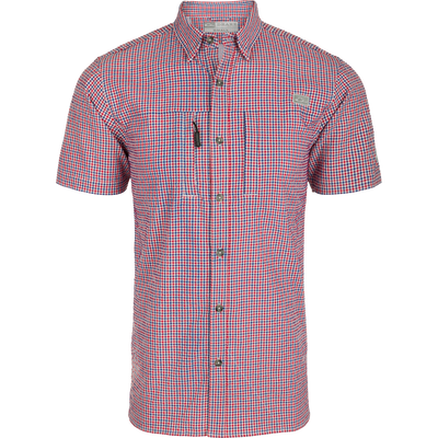 Classic Seersucker Grid Check Shirt S/S with a hidden zippered pocket, button-down collar, and vented cape back, designed for moisture wicking and sun protection.