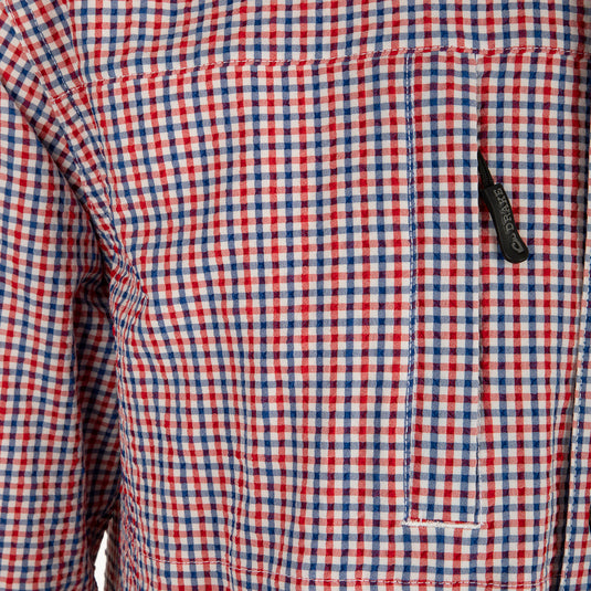 Classic Seersucker Grid Check Shirt L/S: A close-up of a shirt with a black zipper and red/blue checkered fabric.