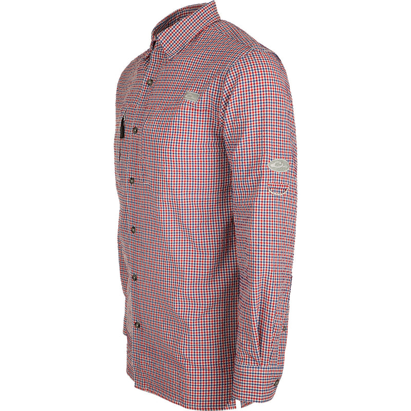 Classic Seersucker Grid Check Shirt L/S: A red and white checkered shirt with hidden button-down collar, zippered chest pocket, and vented cape back.