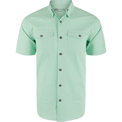 Frat Seersucker Striped Button-Down Short Sleeve Shirt on mannequin, featuring button-down collar, two flap chest pockets, dark buttons, vented cape back, and sculpted hem.