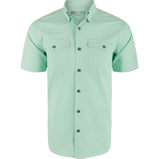 Frat Seersucker Striped Button-Down Short Sleeve Shirt on mannequin, featuring button-down collar, two flap chest pockets, dark buttons, vented cape back, and sculpted hem.