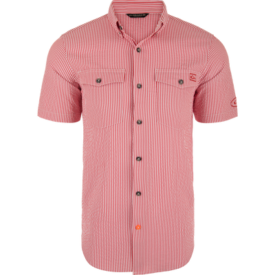 Frat Seersucker Striped Button-Down Short Sleeve Shirt on mannequin, featuring vertical stripes, two flap chest pockets, and a classic point collar, emphasizing performance and style.