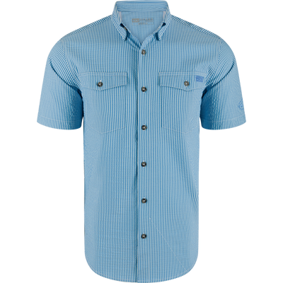 Frat Seersucker Striped Button-Down Short Sleeve Shirt with classic point collar, two chest flap pockets, vented cape back, and hidden button-down collar.