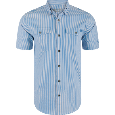 Frat Seersucker Striped Button-Down Short Sleeve Shirt, featuring a classic fit, hidden button-down collar, vented cape back, and two chest pockets.