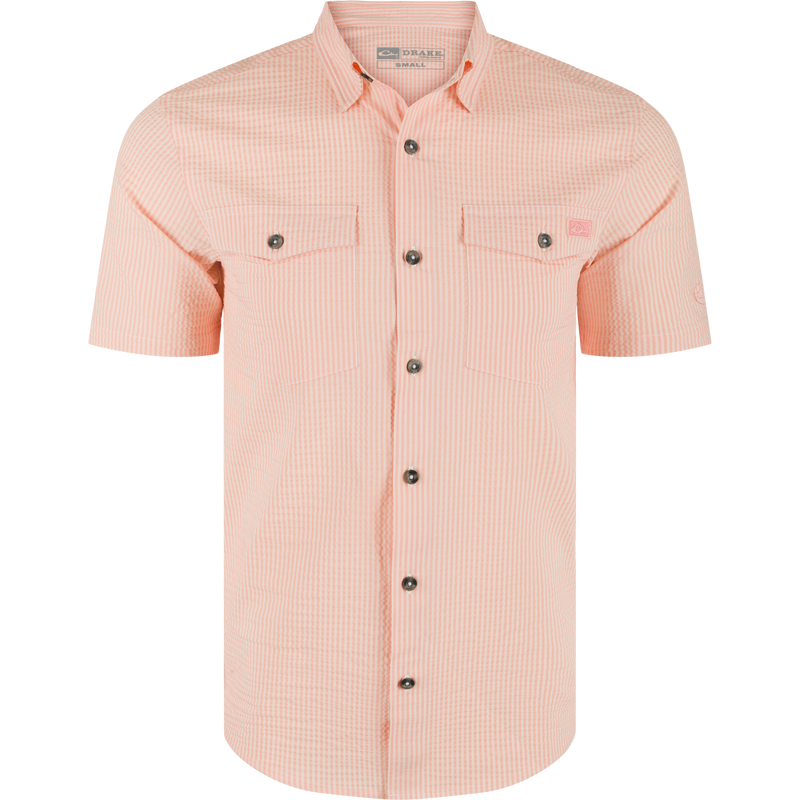 Frat Seersucker Striped Button-Down Short Sleeve Shirt with point collar, button-flap chest pockets, curved hem, and vented cape back for comfort and performance.