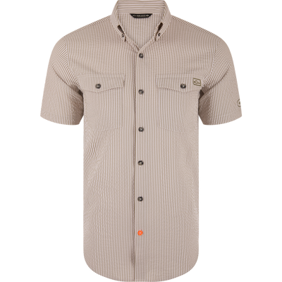 Frat Seersucker Striped Button-Down Short Sleeve Shirt with tan-and-white stripes, two chest pockets, dark buttons, orange bottom button, and vented cape back for ventilation.