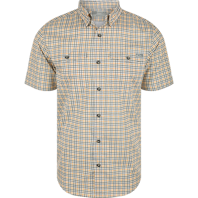 The Frat Tattersall Button-Down Short Sleeve Shirt by Sale features an Autumn Glory Orange check pattern, front chest pockets, collar, and UPF 30 sun protection.