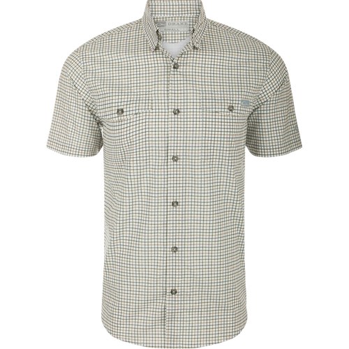 Frat Tattersall Shirt S/S - A lightweight performance shirt with UPF30 sun protection, moisture-wicking fabric, and a hidden button-down collar. Features include two chest pockets, a vented cape back, and a sculpted hem with a built-in sunglass wipe. Classic styling and technical features make this shirt a standout choice.