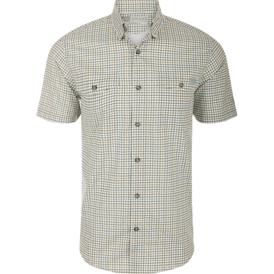 Drake Frat Tattersall Button-Down Short Sleeve Shirt with vented cape back, button-down collar, and chest pockets, designed for performance and comfort.