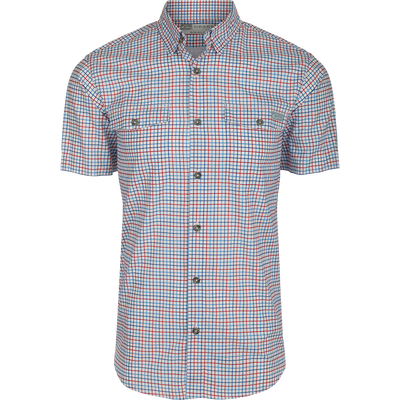 Frat Tattersall Button-Down Short Sleeve Shirt by Sale in Marina Blue, featuring a checkered pattern, two flap breast pockets, button-down collar, and UPF 30 sun protection, shown on a white background.