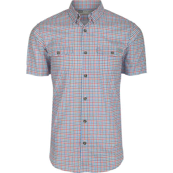 Frat Tattersall Button-Down Short Sleeve Shirt with windowpane check, two button-flap chest pockets, and vented cape back, ideal for comfort and performance.