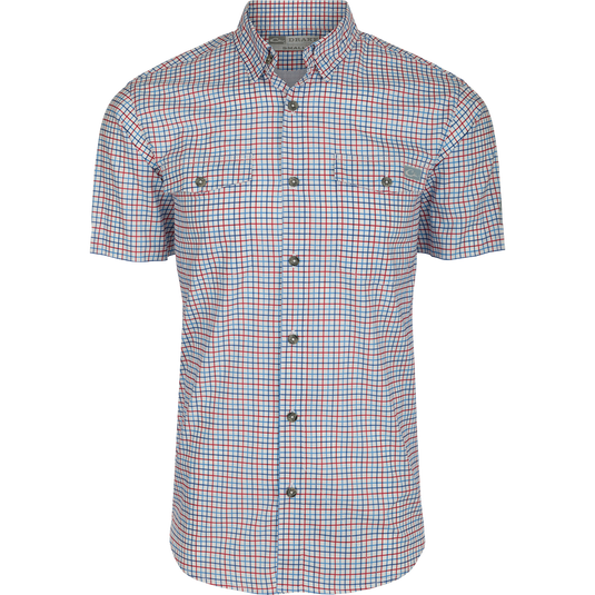 Frat Tattersall Button-Down Short Sleeve Shirt with windowpane check, two button-flap chest pockets, and vented cape back, ideal for comfort and performance.