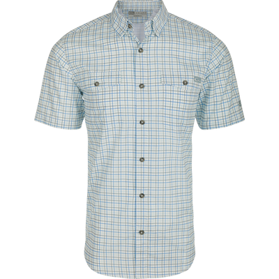 Frat Tattersall Button-Down Short Sleeve Shirt by Sale in Monument Grey, featuring two chest pockets, classic collar, moisture-wicking fabric, and UPF 30 sun protection, shown on a plain white background.