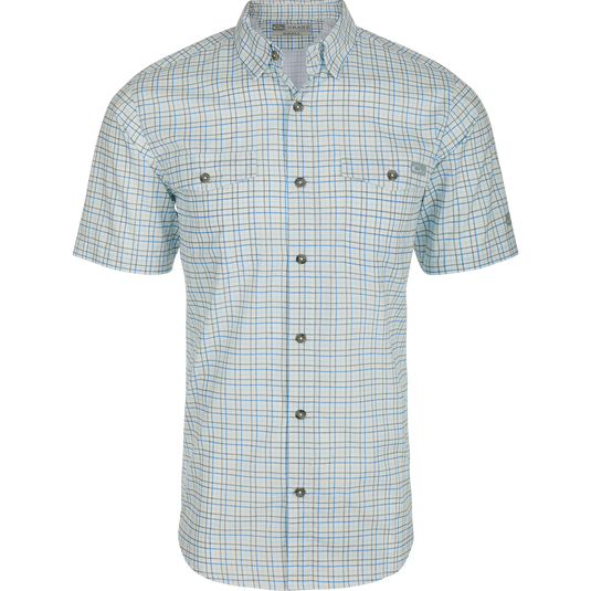 Frat Tattersall Button-Down Short Sleeve Shirt on mannequin, showcasing windowpane pattern, button flaps, and vented cape back, emphasizing lightweight, moisture-wicking performance fabric and classic fit.