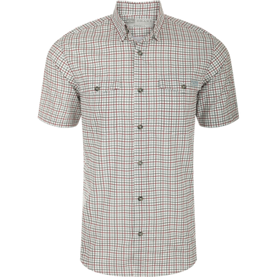 The Frat Tattersall Button-Down Short Sleeve Shirt by Sale in Windsor Wine features two button-flap chest pockets and UPF 30 sun protection for everyday comfort.