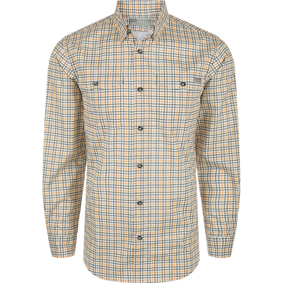 A high-performance Drake Frat Tattersall Button-Down Shirt with UPF30, moisture-wicking fabric, and hidden collar. Ideal for hunting and outdoor activities.