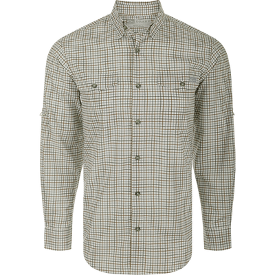 Frat Tattersall Shirt L/S: A classic fit shirt with hidden button-down collar, chest pockets, and vented cape back. Features include UPF30 sun protection, moisture-wicking, and quick-drying fabric. Sculpted hem allows for tucked or untucked wear. Lightweight and stretchy with a built-in sunglass wipe.