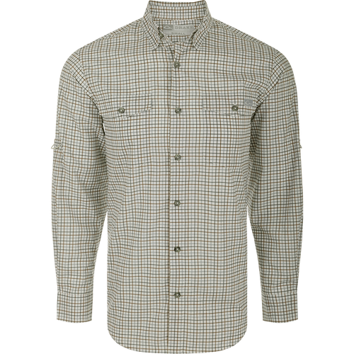 Frat Tattersall Shirt L/S: A classic fit shirt with hidden button-down collar, chest pockets, and vented cape back. Features include UPF30 sun protection, moisture-wicking, and quick-drying fabric. Sculpted hem allows for tucked or untucked wear. Lightweight and stretchy with a built-in sunglass wipe.