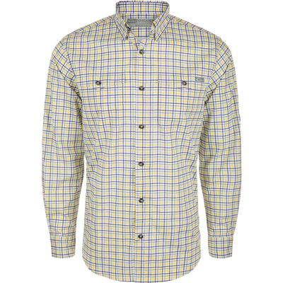 Frat Tattersall Button-Down Long Sleeve Shirt with vented cape back, two chest pockets, and roll-up sleeves, showcasing classic fit and performance fabric.
