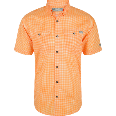 Drake Frat Gingham Check Shirt S/S with a classic fit, hidden button-down collar, chest pockets, and vented cape back, designed for comfort and sun protection.