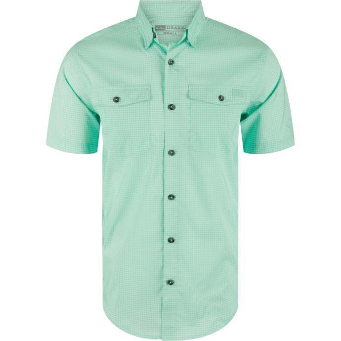Frat Gingham Check Button-Down Short Sleeve Shirt with button-down collar, flap chest pockets, vented cape back, and sculpted hem, ideal for performance and style.