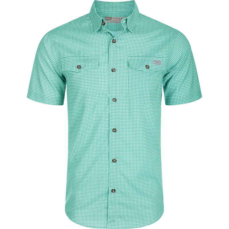 Frat Gingham Check Shirt: Lightweight, moisture-wicking shirt with UPF30 sun protection, hidden button-down collar, and vented cape back.