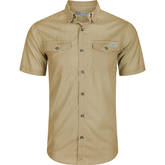Frat Gingham Check Shirt: Lightweight, moisture-wicking shirt with UPF30 sun protection. Classic fit, hidden button-down collar, and two chest pockets. Vented cape back and sculpted hem for ease of movement. Built-in sunglass wipe.