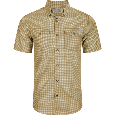 Alt text: Drake Frat Gingham Check Shirt S/S with button-down collar, chest pockets, and vented cape back.