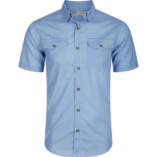 Frat Gingham Check Shirt S/S: Light-blue gingham short-sleeve shirt with button-down collar, two flap chest pockets, and vented cape back, designed for comfort and performance.