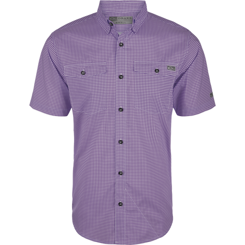 Frat Gingham Check Shirt S/S: Lightweight, moisture-wicking performance fabric with UPF30 sun protection. Classic fit, hidden button-down collar, vented cape back, and two chest pockets. Sculpted hem with built-in sunglass wipe.