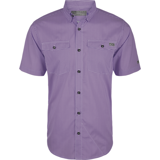 Frat Gingham Check Shirt S/S: Lightweight, moisture-wicking performance fabric with UPF30 sun protection. Classic fit, hidden button-down collar, vented cape back, and two chest pockets. Sculpted hem with built-in sunglass wipe.