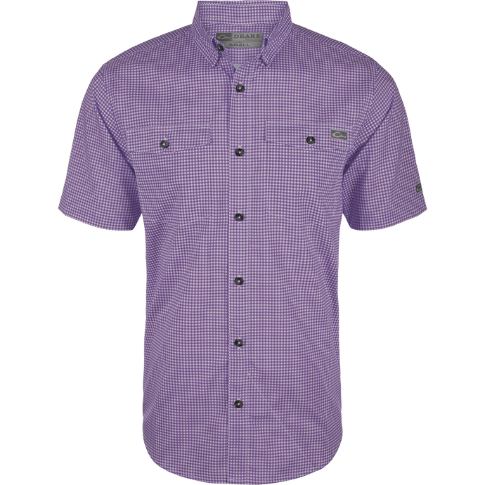 Frat Gingham Check Shirt S/S featuring a button-down collar, vented cape back, and two chest pockets; designed for comfort and performance with moisture-wicking fabric.