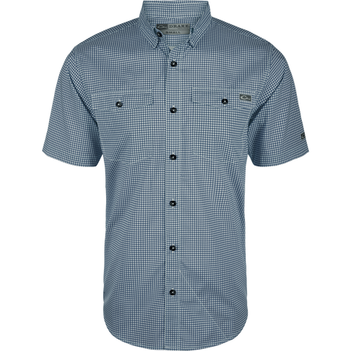 Frat Gingham Check Shirt: Lightweight, moisture-wicking shirt with UPF30 sun protection. Classic fit, hidden button-down collar, and vented cape back.