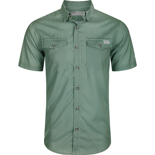 Frat Gingham Check Shirt S/S: Lightweight, moisture-wicking shirt with UPF30 sun protection. Classic fit, hidden button-down collar, and vented cape back. Two button-through flap chest pockets and sculpted hem with built-in sunglass wipe.