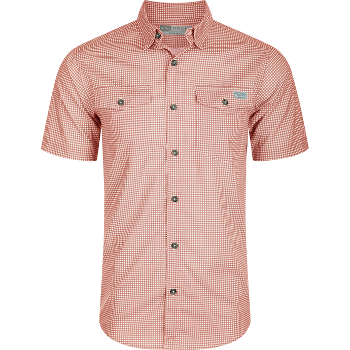 Frat Gingham Check Shirt: Lightweight, moisture-wicking, UPF30 sun protection, button-down collar, vented cape back, chest pockets, sculpted hem.