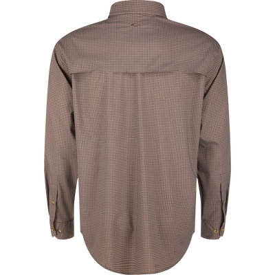 Back view of the Frat Gingham Check Button-Down Long Sleeve Shirt, showcasing its small check pattern, buttoned cuffs, and curved hem against a white background.